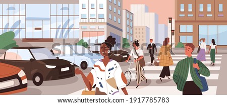 Horizontal cityscape with people crossing road at crosswalks. Panoramic view with pedestrians and cyclists walking the street on zebra. Colored flat cartoon vector illustration of busy traffic in city