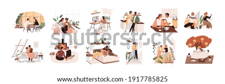 Heterosexual and homosexual love couples during holiday celebration. Scenes with happy lovers on indoors and online romantic dates. Color flat cartoon vector illustration isolated on white background
