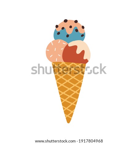 Waffle cone with three scoops of ice cream with different flavors. Colorful icecream balls with sprinkling. Colored flat vector illustration isolated on white background.