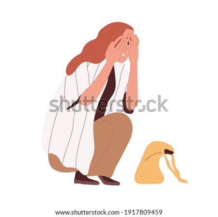 Afraid and frightened person crouched in fear and hide face with palms. Terrified woman with scared facial expression. Colored flat cartoon vector illustration isolated on white background. Сток-фото © 