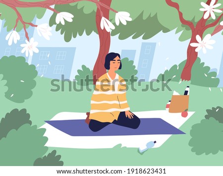 Modern young woman in lotus posture meditating and exercising yoga in park. Relaxed female character practicing mindfulness or vipassana meditation in nature. Colored flat vector illustration