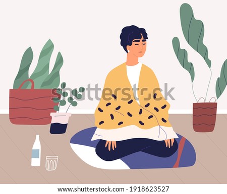 Young woman meditating or exercising yoga at home alone. Relaxed female character practicing mindfulness or vipassana meditation, breath control in lotus posture. Colorful flat vector illustration