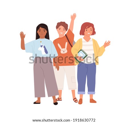 Schoolchildren waving hands and saying hi or bye to school. Diverse kids standing together. Boy and girls smiling and greeting pupils. Colored flat vector illustration isolated on white background