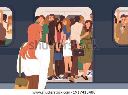 Subway car crowded with people in rush hour. Woman failed to enter last carriage of departing train and standing on platform. Overcrowded underground or metro. Colored flat vector illustration