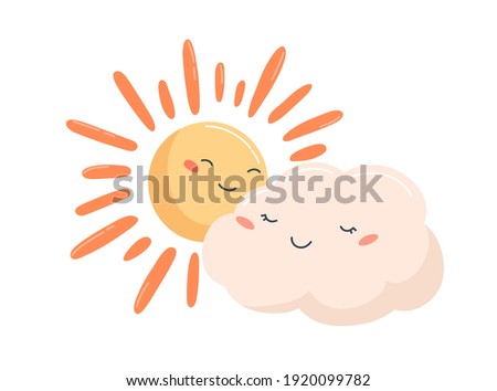 Cute glowing sun and smiling cloud characters with happy face expressions. Partly sunny weather icon. Childish colorful flat vector illustration isolated on white background