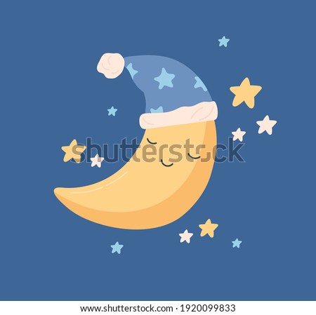Cute yellow half moon sleeping in hat with pompom at night sky with stars. Sweet baby crescent character in nightcap. Childish colored vector illustration in flat cartoon style