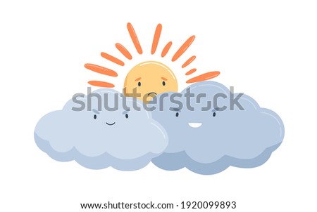 Sad sun hiding behind clouds with evil smiles. Cloudy weather forecast. Cute baby characters isolated on white background. Childish colored vector illustration in flat cartoon style