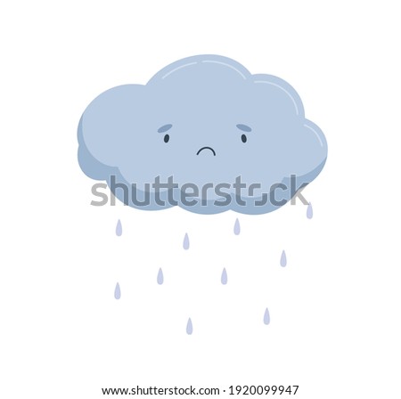 Cute cloud with sad face and falling rain drops. Rainy weather icon with raindrops. Funny baby character. Childish colored flat vector illustration isolated on white background