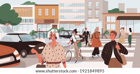 People crossing road at uncontrolled pedestrian crosswalk. Citizens walking the street in city. Busy traffic in megalopolis. Colored flat cartoon vector illustration of modern cityscape