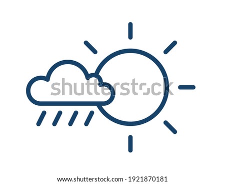 Rainy and sunny weather icon in line art style with sun and cloud with raindrops. Partly sunny with rain. Linear flat vector illustration isolated on white background
