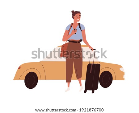 Happy woman with luggage arrived at airport by taxi car. Female tourist with suitcase and mobile phone before summer holiday trip. Flat vector illustration of traveler isolated on white background