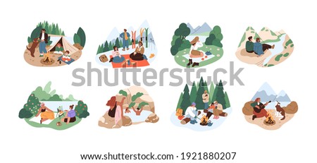 People resting in nature on adventure holidays. Set of families and friends relaxing outdoors. Colored flat cartoon vector illustration of winter and summer travelings isolated on white background