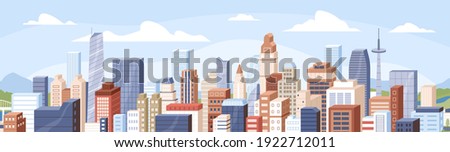 Panoramic view of modern buildings, skyscrapers, towers in business city block. Horizontal cityscape of financial center or downtown on summer day. Colored flat cartoon vector illustration