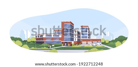 Modern building exterior of municipal hospital, clinic or medical center with ambulances and patients. Colored flat graphic vector illustration of health-care facility isolated on white background