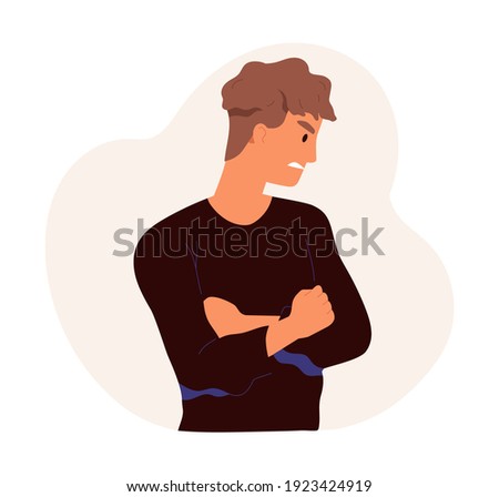 Angry anxious man with dissatisfied facial expression. Upset discontented guy with frowned face. Male character with arms crossed on chest. Colored flat cartoon vector illustration isolated on white