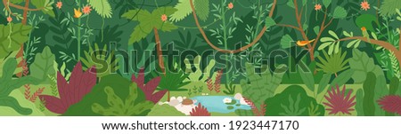 Horizontal landscape of tropical jungle. Panoramic view of dense forest with palms and lianas. Exotic colorful scenery of green rainforest with foliage plants. Colored flat vector illustration