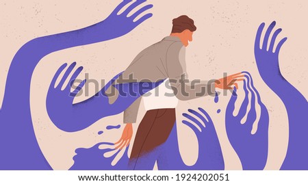 Man struggling with fear, social influence, control and manipulation. Concept of escaping from addiction and dependence. Colored flat textured vector illustration of man attached to creeping hands