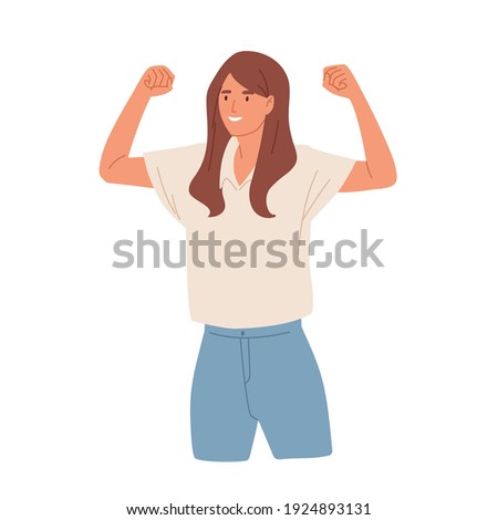 Winning gesture of happy confident woman expressing positive emotion. Successful smiling female character showing strength with fists up. Colored flat vector illustration isolated on white background