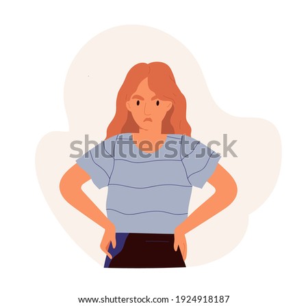 Sad offended woman sulking and expressing angry emotion. Frustrated female character with unhappy face expression. Colored flat vector illustration of irritated person isolated on white background