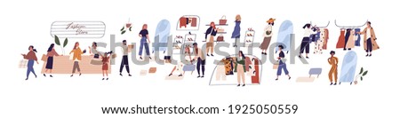 Scenes with people buying clothes in fashion retail store or boutique. Women trying on and choosing apparel in store. Colored graphic flat cartoon vector illustration isolated on white background