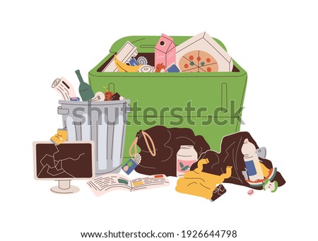 Trash can and dumpster with heap of mixed rubbish. Pile of household garbage lying around. Unsorted food, paper, plastic and electrical waste. Flat vector illustration isolated on white background