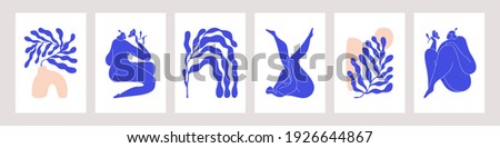 Matisse-inspired modern posters with abstract woman and branches on white background. Set of contemporary wall art. Colored flat vector illustrations of vertical artworks with people and leaves