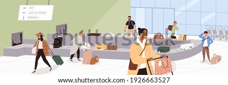 Scene with people at airport baggage claim area. Passengers at conveyor belt with luggage. Carousel with bags and suitcases at international terminal. Colored flat vector illustration