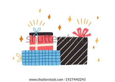 Pile of different gift boxes for holiday. Stack of wrapped presents decorated with bows and various patterns. Colored flat vector illustration of festive packages isolated on white background