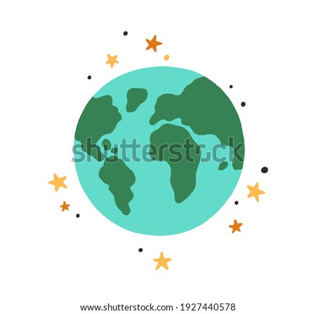 Abstract Earth globe with continents and oceans. Icon of world or planet drawn in doodle style. Colored flat vector illustration isolated on white background