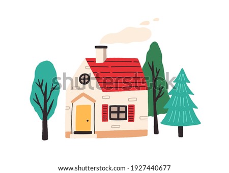 Cute little country house with door, windows and attic. Exterior of home with chimney and smoke. Village cottage among trees. Colored flat vector illustration isolated on white background