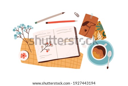 Top view of open notebook or diary with notes, postcards, greeting cards, pens and cup of coffee. Preparation for holidays. Composition of scattered objects. Colored flat vector illustration