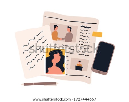 Top view of detective workplace with collected evidence and facts for crime investigation. Investigating process with photos, papers and newspaper. Colored flat vector illustration isolated on white
