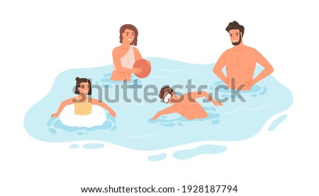 Happy family with kids swimming and playing in pool together. Father, mother and children spending leisure summer time together. Colored flat graphic vector illustration isolated on white background