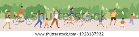 Crowd of happy people in public park. Lot of active adults and kids riding bicycles, jogging and playing in summer. Outdoor leisure activities at weekend. Colored flat cartoon vector illustration