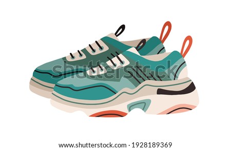 Pair of women's fashion ugly sneakers with big clunky sole. Side view of modern and trendy sports footwear. Colored flat vector illustration of stylish footgear isolated on white background Stock foto © 