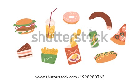 Set of unhealthy junk food. Fastfood icons of burger, hot-dog, pizza, sausage, chips, french fries, donut, cake and soda. Colored flat vector illustration of fat eating isolated on white background