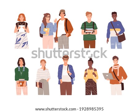 Set of diverse modern students with bags, books and laptop. Portraits of smiling people studying in college or university. Flat vector illustration of young men and women isolated on white background