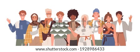 Multicultural group of diverse people waving, saying hi and welcoming. Portrait of multi-ethnic men and women standing together. Colored flat cartoon vector illustration isolated on white background