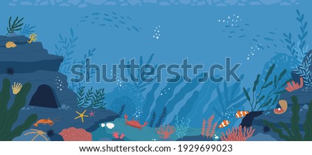 Underwater life at sea or ocean bottom. Exotic undersea world with coral reef, seaweeds and aquatic habitats in depth. Colored flat cartoon vector illustration of scenic marine landscape or seascape