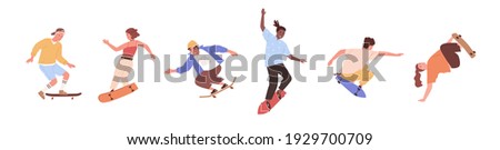 Set of modern skaters jumping with skateboards. Young people skate boarding. Modern street activity. Colored flat vector illustration of active teenagers riding longboards isolated on white background