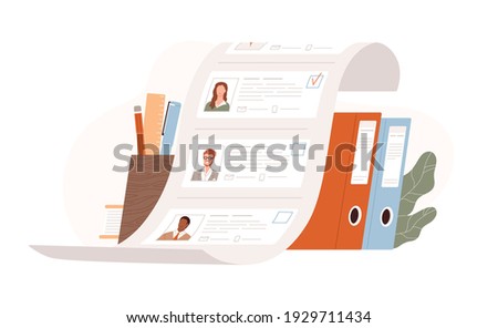 List of candidates for vacancy. HR, human recruiting and hiring concept. Selecting from applicants and searching for staff. Colored flat vector illustration isolated on white background