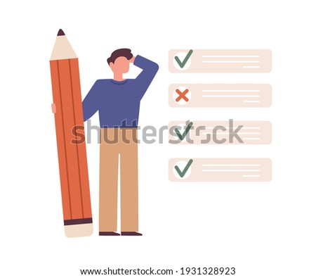 Student checking his test or exam result. Education and studying concept. Person and list with selected correct and wrong answers. Colored flat vector illustration isolated on white background