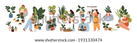 Set of happy women caring about interior potted plants isolated on white background. Home gardening and growing houseplants. Colored flat vector illustration of trendy people with house greenery