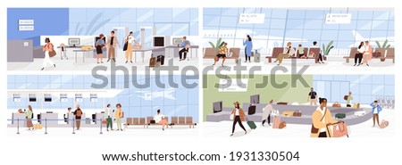 Set of scenes with people in modern international airport. Passengers and tourists in waiting, baggage claim, border control and check-in areas of air terminal. Colored flat vector illustration