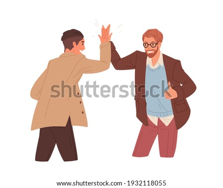 Happy people giving high five, celebrating achievement and success. Successful colleagues gesturing hi. Concept of partnership. Colored flat vector illustration isolated on white background.