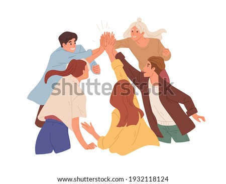 Team of happy colleagues giving high five, celebrating achievement, victory and success. Concept of unity, partnership and togetherness. Colored flat vector illustration isolated on white background