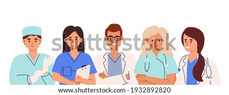 Group of doctors, nurses, surgeon, pharmacist and therapist with gloves and stethoscopes. Team of smiling medic workers. Colored flat cartoon vector illustration isolated on white background