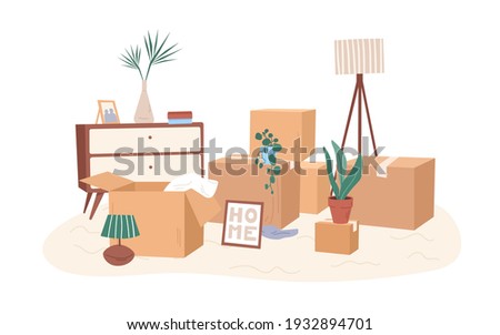 Room with packed cardboard boxes with personal stuff, plants, home decoration and furniture. Relocation concept. Colored flat vector illustration of belongings in packages isolated on white background