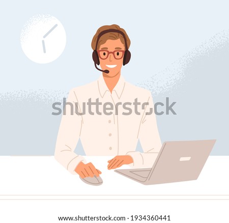 Operator of call center in headset working at workplace and consulting customers online. Smiling worker of hotline service. Colored flat vector illustration of agent in technical support department