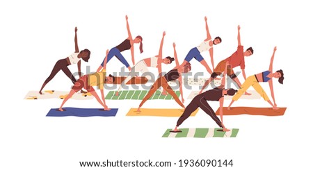 Group of active people exercising together. Scene with men and women standing in asana during yoga fitness class with coach or teacher. Colored flat vector illustration isolated on white background